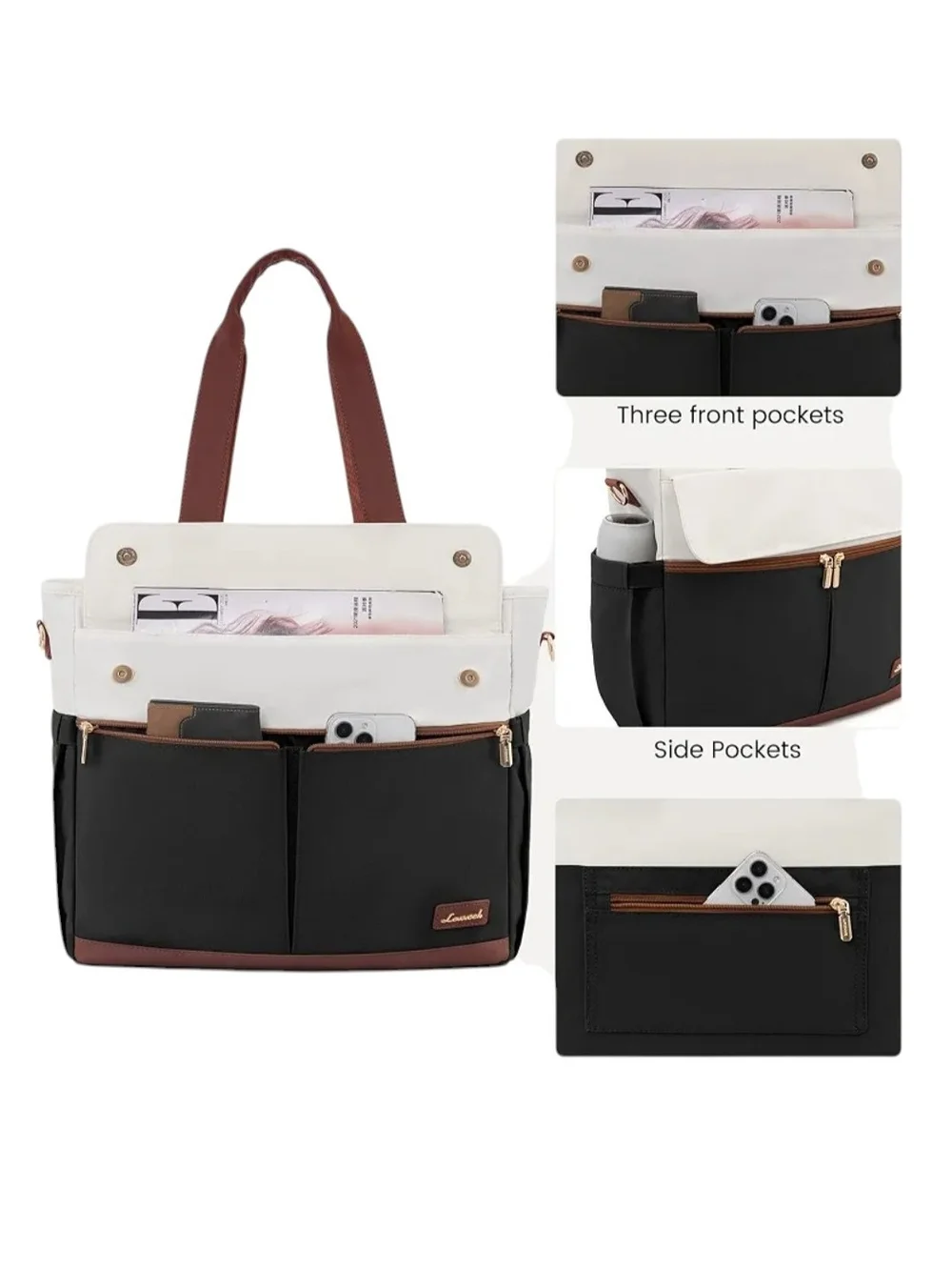 Two-Tone Black & White Laptop Tote with Brown Trim